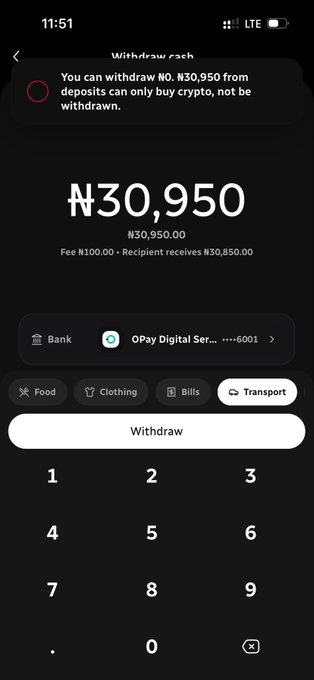 A mobile withdrawal screen showing ₦30,950.00 (Fee ₦100.00, Recipient receives ₦30,850.00) to an OPay Digital Services bank account ending in 6001, with the note 'You can withdraw ₦0. ₦30,950 from deposits can only buy crypto, not be withdrawn.'