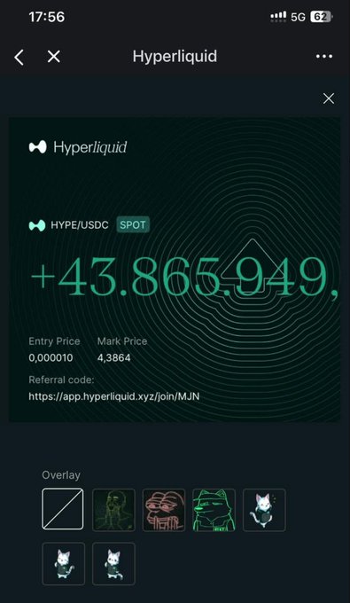 A mobile app screen for "Hyperliquid" cryptocurrency displays a large green profit figure of "+43.865.949" for the HYPE/USDC trading pair, with entry price 0.00010 and mark price 4.3864.