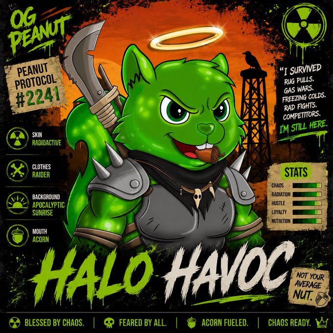 An NFT-style character card titled 'OG PEANUT PEANUT PROTOCOL #2241 HALO HAVOC' featuring a green armored squirrel with a halo, holding a weapon, with stats for Chaos, Radiation, Hustle, Loyalty, and Nutrition.