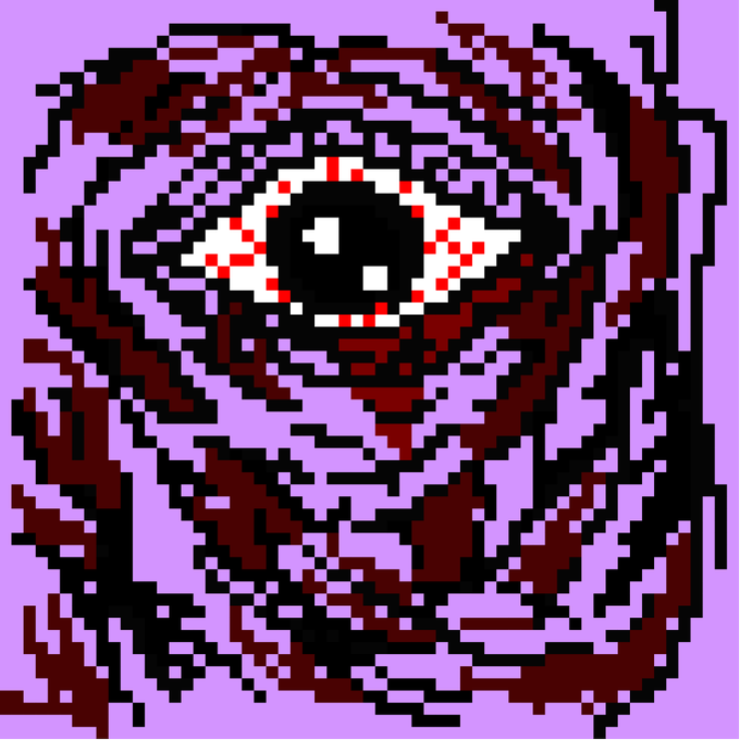 A low-resolution pixel art image depicts a dark figure with a white, red-speckled mask or face surrounded by swirling dark red and black tendrils on a purple background.