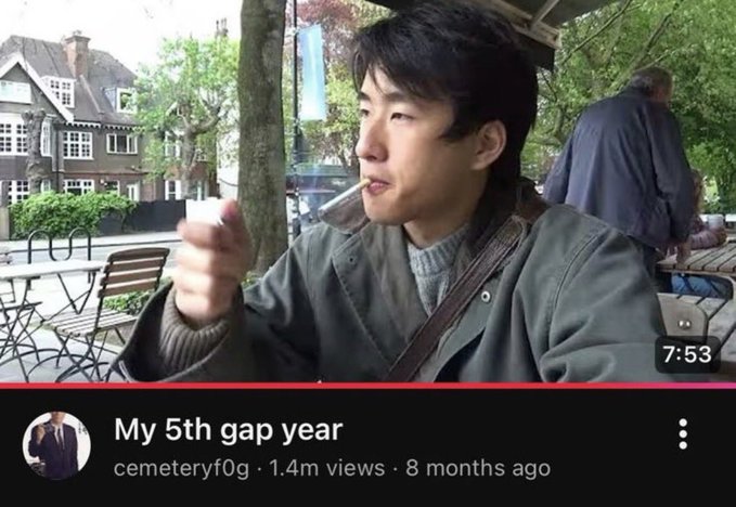 YouTube video thumbnail titled 'My 5th gap year' by user cemeteryf0g, showing a young man drinking from a glass at an outdoor cafe in what appears to be Amsterdam.