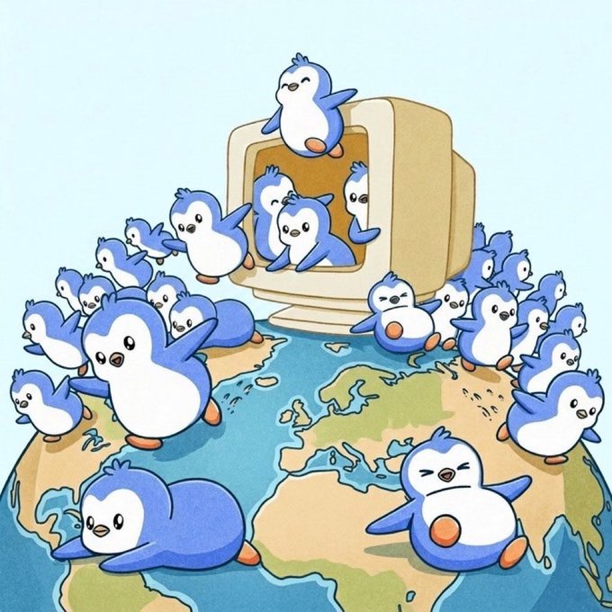 A cute, cartoon-style illustration of many blue and white penguins gathered around and emerging from a retro computer monitor, which sits on top of a globe showing Europe and Africa.