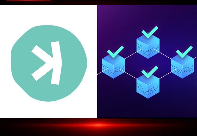 Split image showing the teal X (Twitter) logo on the left and a blockchain network graphic with four interconnected blue blocks marked with green checkmarks on the right.