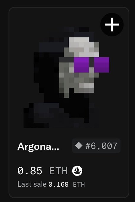 NFT listing card showing a pixelated character named 'Argona...' priced at 0.85 ETH with a last sale of 0.169 ETH and rank #6,007.