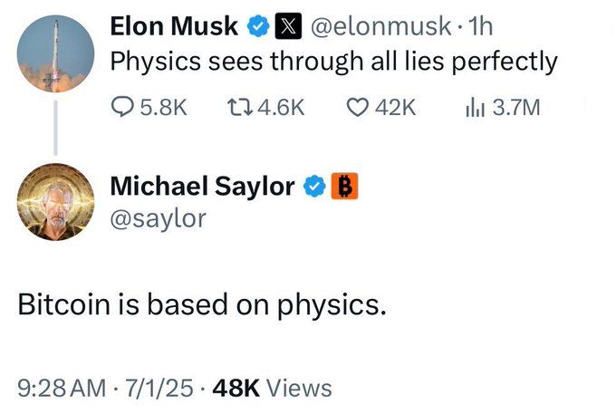 A screenshot of a Twitter/X exchange shows Elon Musk posting "Physics sees through all lies perfectly," which Michael Saylor quote-tweets with "Bitcoin is based on physics." The image perfectly illustrates the post's point, capturing Saylor's relentless tendency to tie Bitcoin promotion back to whatever topic is trending, even a Musk musing about physics.