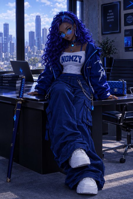 A digital illustration of a stylish woman with voluminous blue hair sitting on a desk in a modern office with a city skyline view. She wears a 'NOMZY' crop top, blue jacket, and baggy pants, with a large blue katana sword resting nearby.