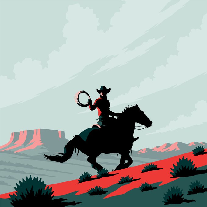 A stylized illustration depicts a silhouetted cowboy on a galloping horse holding a lasso, set against a landscape with red desert terrain, green shrubs, and distant mesas under a cloudy sky.