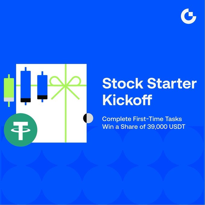 A promotional graphic on a blue background featuring a white gift box with green ribbon, stock candlestick icons, and a Tether (USDT) logo, advertising the "Stock Starter Kickoff" campaign to "Complete First-Time Tasks" and "Win a Share of 39,000 USDT."