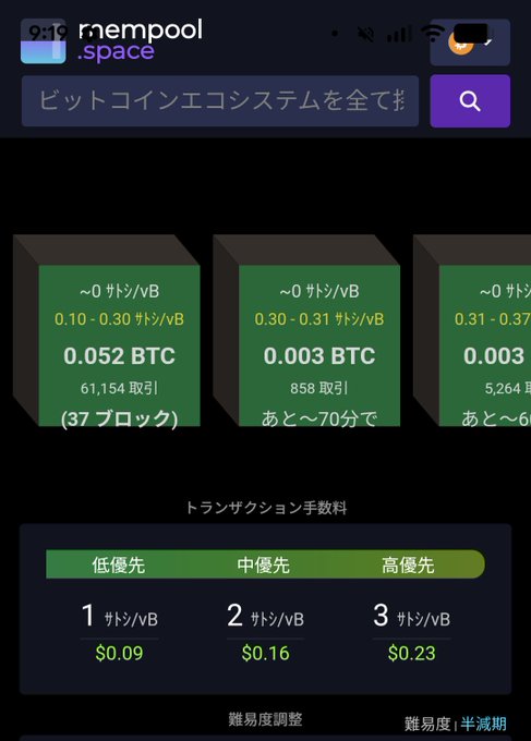 A cryptocurrency mining pool interface in Japanese showing Bitcoin earnings statistics, with blocks priced in BTC and satoshi, and a transaction fee slider.