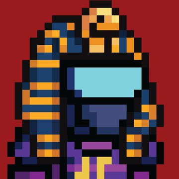 A pixel art illustration of a character wearing an Egyptian pharaoh-style headdress with blue and gold stripes, featuring a teal visor over their face, set against a dark red background.