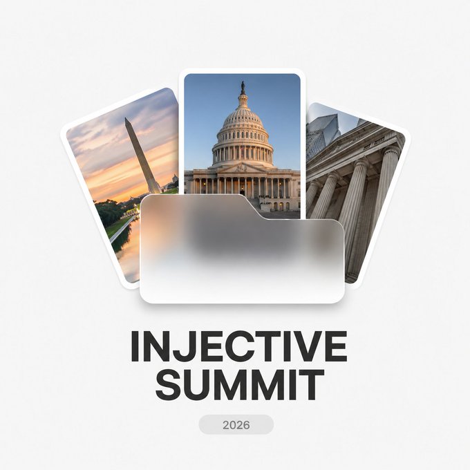 A promotional graphic for the "Injective Summit 2026" features a folder icon containing three photos of Washington, DC landmarks—the Washington Monument at sunset, the U.S. Capitol Building, and a neoclassical building with columns—visually reinforcing the post's announcement of the summit taking place in the nation's capital with participation from policymakers and members of Congress.