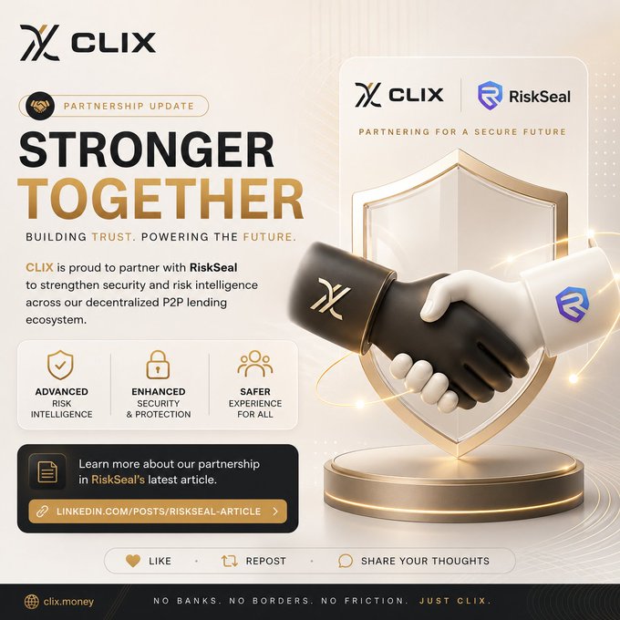 The image is a partnership announcement graphic from CLIX featuring their new collaboration with RiskSeal, with bold text reading "STRONGER TOGETHER" and the tagline "Building Trust. Powering the Future." alongside an illustration of two hands shaking inside a golden shield, emphasizing the three key benefits: Advanced Risk Intelligence, Enhanced Security & Protection, and Safer Experience for All in the P2P lending ecosystem.