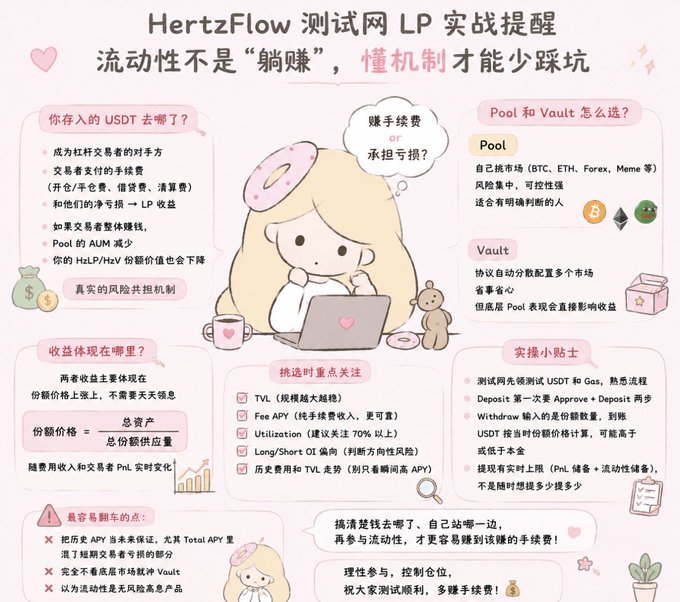 A Chinese-language infographic titled 'HertzFlow 测试网 LP 实战提醒' explains liquidity provision mechanics, warning '流动性不是躺赚，懂机制才能少踩坑' and detailing risks like impermanent loss and how to select pools and vaults.