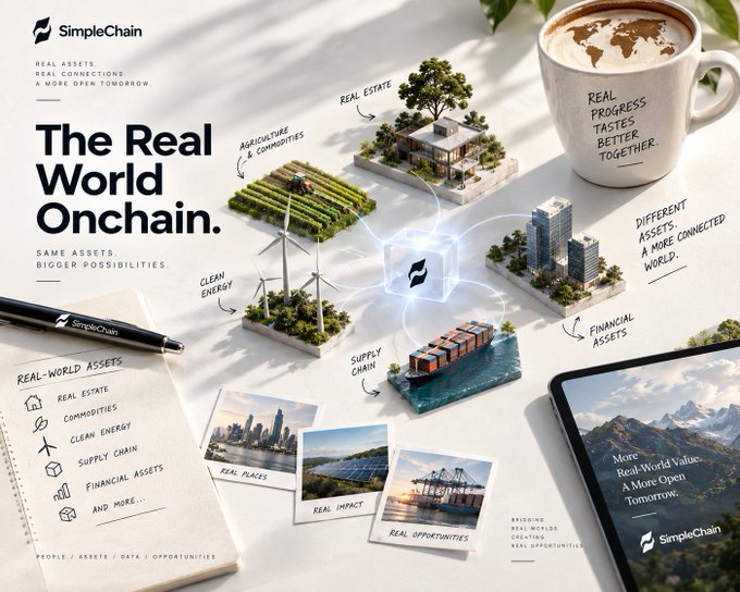 A marketing graphic for SimpleChain featuring the tagline 'The Real World Onchain. SAME ASSETS. BIGGER POSSIBILITIES.' with miniature 3D models of real estate, agriculture, wind energy, supply chain shipping, and financial assets connected by light streams.