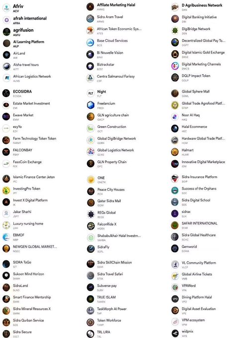 The image displays a directory-style list of tokens or projects organized in three columns, featuring names like "Afriv," "agrifusion," "ECOSDRA," "Sidra," and "D AgrBusiness Network," along with ticker symbols such as AFIV, AGFU, ECOSDA, SIDRA, and DAN. This appears to be a screenshot from a token listing or exchange platform, which contextualizes the accompanying post about earning 84 HST Sidra tokens and speculating about the future value at 10,000 tokens.
