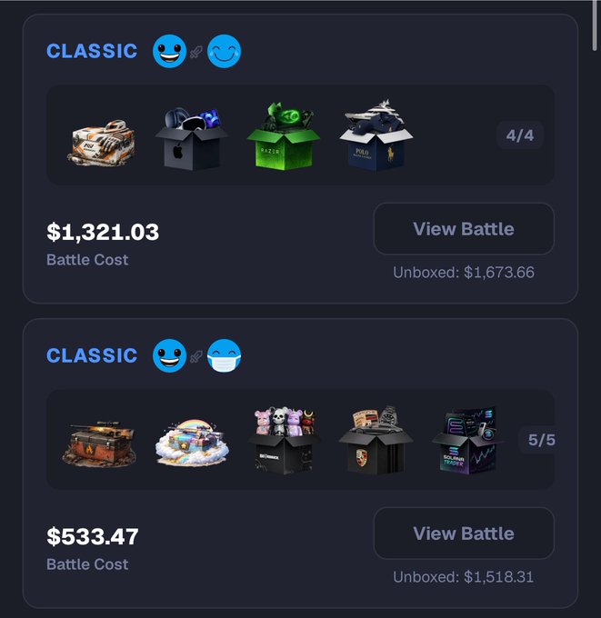 A screenshot from a skin gambling platform shows two "CLASSIC" case battles with high-value unboxed items, including the top battle priced at $1,321.03 (unboxed: $1,673.66) and a second at $533.47 (unboxed: $1,518.31), likely being used to promote the poster's "$1000 Giveaway" announcement and teaser that they are "back soon and better than before."
