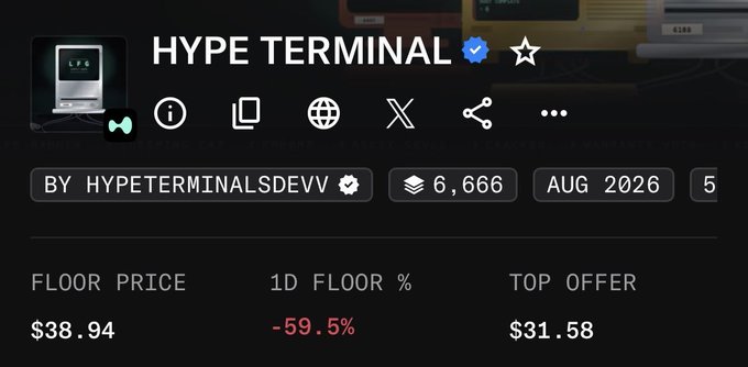 A screenshot of a webpage titled 'HYPE TERMINAL' showing a verified listing by HYPETERMINALSDEVV with a floor price of $38.94 and a top offer of $31.58, dated Aug 2025.