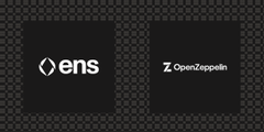 Black graphic displaying logos for ENS (Ethereum Name Service) and Z OpenZeppelin side by side.