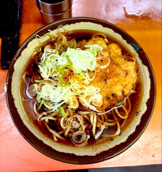A bowl of Japanese soba or udon noodle soup topped with a fried breaded cutlet (likely katsu) and shredded green onions in a dark broth.