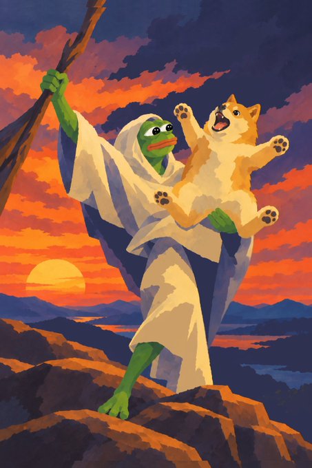 A digital painting depicts Pepe the Frog dressed in white robes wielding a staff, holding a happy Shiba Inu dog (Cheems) against a vibrant orange sunset with mountains in the background.