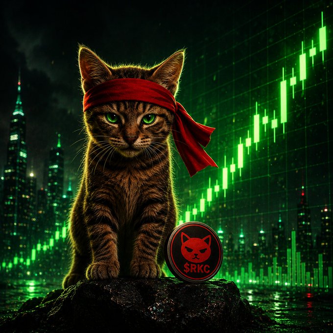A digital illustration shows a tabby cat wearing a red headband sitting on a rock with a coin labeled '$RKC', set against a city skyline and green stock chart background.