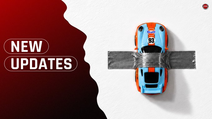 A top-down view of an orange and blue Gulf-liveried race car with the number 93 wrapped in duct tape against a white background, with 'NEW UPDATES' text displayed on a red banner to the left.