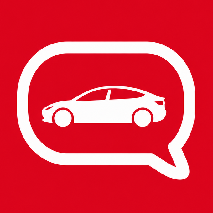A red square logo featuring a white speech bubble containing a white silhouette of a car, suggesting an automotive chat service.
