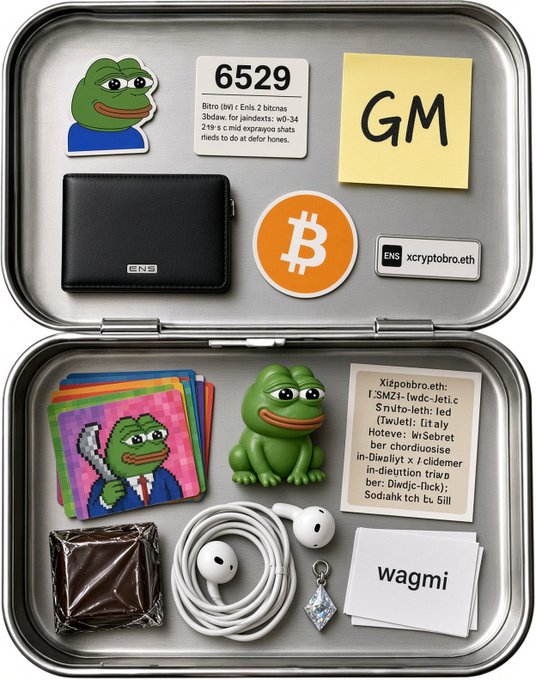 A metal tin contains various crypto-themed items including a 'GM' sticky note, a Bitcoin logo, a Pepe the Frog figurine and stickers, earphones, and cards labeled 'wagmi' and 'xcryptobro.eth'.