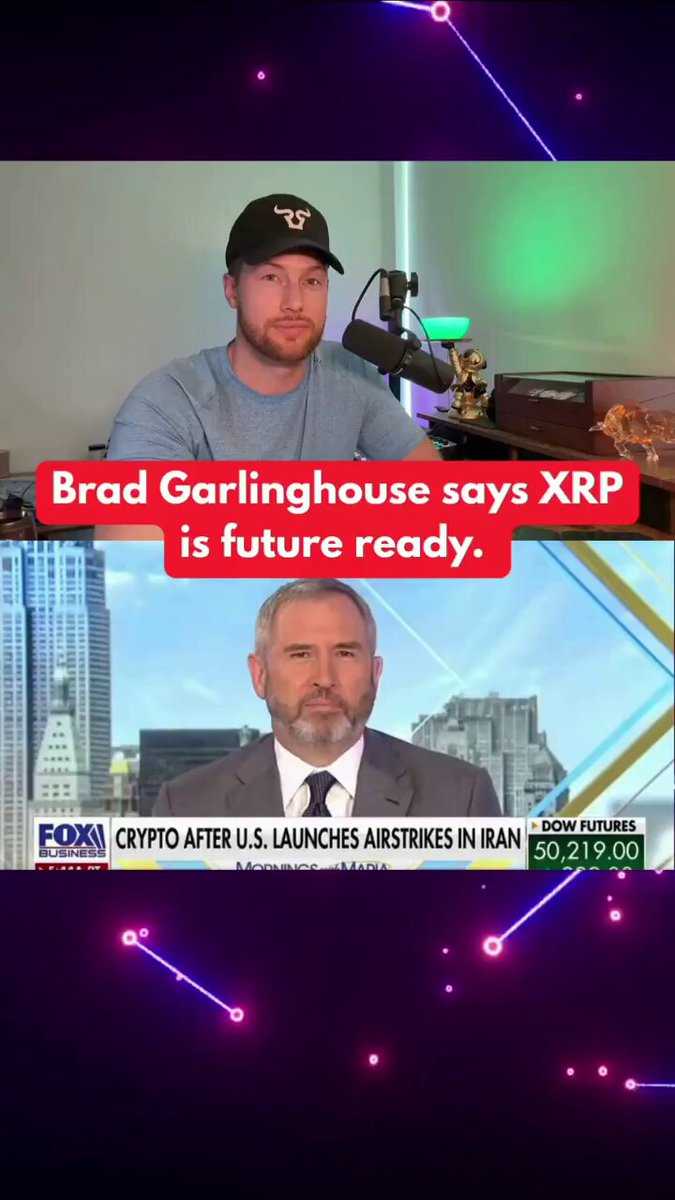 The image shows a man wearing a baseball cap sitting at a desk with a microphone, likely recording a podcast or live stream. The background of the image features a city skyline, suggesting that they are broadcasting from an urban location. The caption for the image reads "Brad Garlinghouse says XRP is future ready."