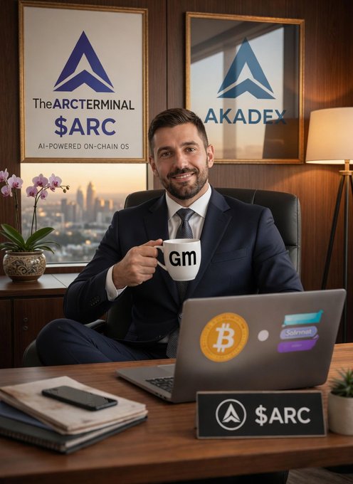 A man in a suit holding a 'GM' mug at a desk with a laptop displaying a Bitcoin sticker, surrounded by signage for 'The Arcterminal $ARC' AI-Powered On-Chain OS and Akadex.