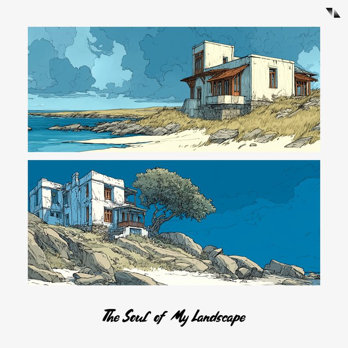 Two landscape illustrations of white coastal houses with rocky shorelines, captioned "The Soul of My Landscape" at the bottom.