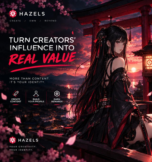 A promotional poster for 'HAZELS' featuring an anime-style warrior woman in black and red traditional attire against a sunset landscape with a Japanese torii gate, with text reading 'TURN CREATORS' INFLUENCE INTO REAL VALUE' and 'CREATE / OWN / BEYOND'.
