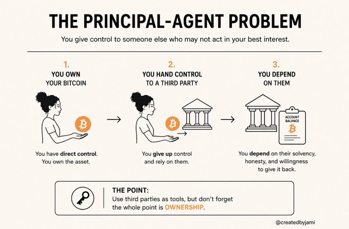 An infographic titled 'THE PRINCIPAL-AGENT PROBLEM' explaining how giving control of assets like Bitcoin to a third party means depending on their solvency and honesty, concluding 'the whole point is OWNERSHIP.'