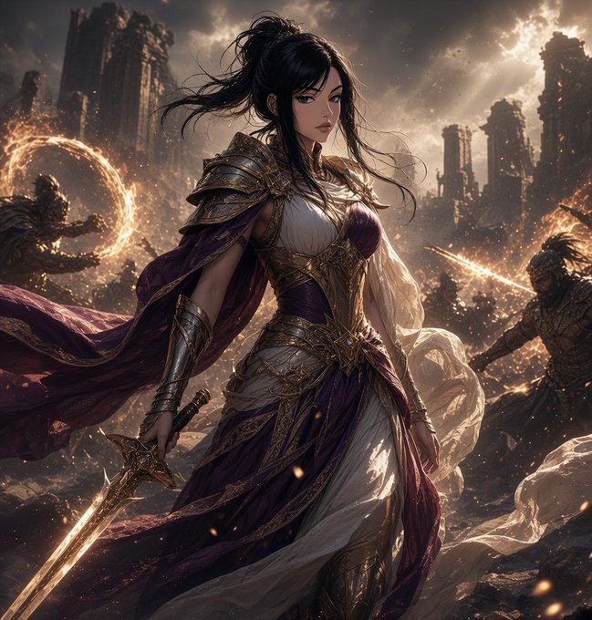 Digital fantasy artwork depicting a warrior woman with long dark hair in ornate gold and purple armor, holding a sword amid a battlefield with other warriors and ruined structures in the background.