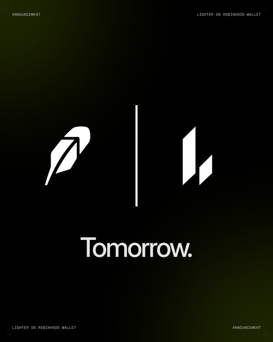 The image is a dark, minimalist teaser graphic featuring two white logos separated by a vertical line, with the word "Tomorrow." prominently displayed below. Text in the corners reads "ANNOUNCEMENT" and "LIGHTER ON ROBINHOOD WALLET," suggesting an upcoming reveal of the "Lighter" project's integration with Robinhood Wallet, matching the post's teaser message.