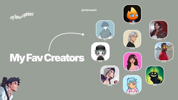 A digital graphic titled 'My Fav Creators' with text 'my honest opinion!' and '@mishuweb3', displaying a collection of circular NFT profile pictures connected by a drawn arrow.