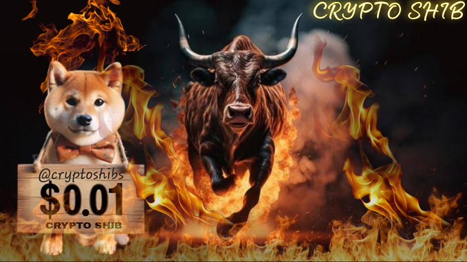 A Shiba Inu dog wears a sign reading "@cryptoshibs $0.01 CRYPTO SHIB" beside a charging bull engulfed in flames, with "CRYPTO SHIB" displayed in the top right. The fiery bull imagery aligns with the bullish sentiment of the post predicting $SHIB will reach $0.01 this year.