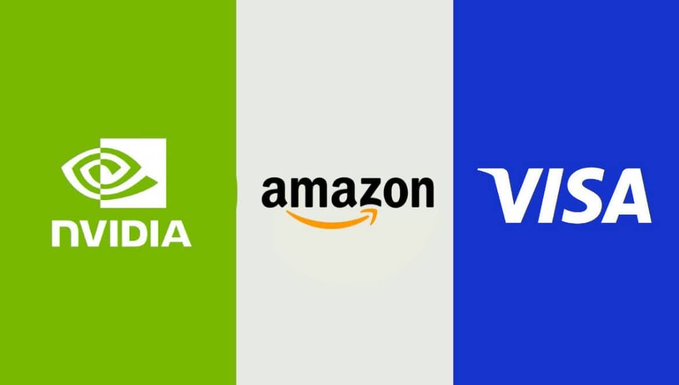 The image displays three corporate logos side by side: NVIDIA (green background), Amazon (white background), and Visa (blue background). The accompanying post positions these three major real-world brands as "tokens to watch" within the Pi ecosystem, suggesting their established market presence could translate into valuable digital assets as the Pi network expands.