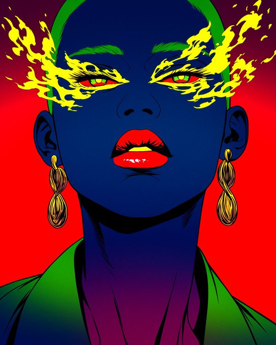 A striking pop-art style portrait of a woman with deep blue skin, vivid red lips, and fiery yellow flames emanating from her green eyes, set against a bold red background. The intense, "fired up" aesthetic of the artwork visually amplifies the post's excitement and enthusiasm for hunting down hyped NFT allowlists.
