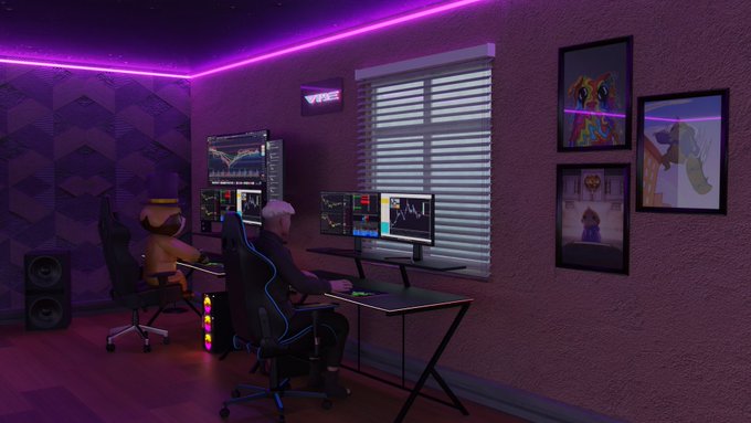 A 3D-rendered room with purple LED lighting, featuring a person at a multi-monitor trading or gaming setup, with framed artwork and a teddy bear in a chair visible in the background.