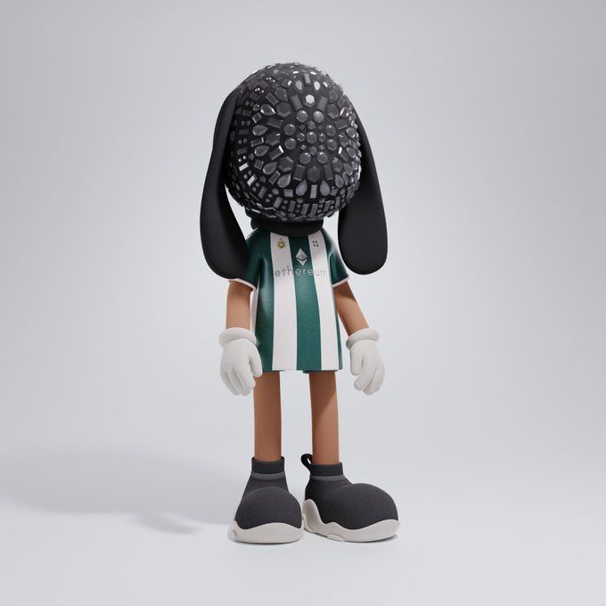 A 3D rendered cartoonish figure with long floppy ears wears a green and white striped shirt featuring the Ethereum logo.