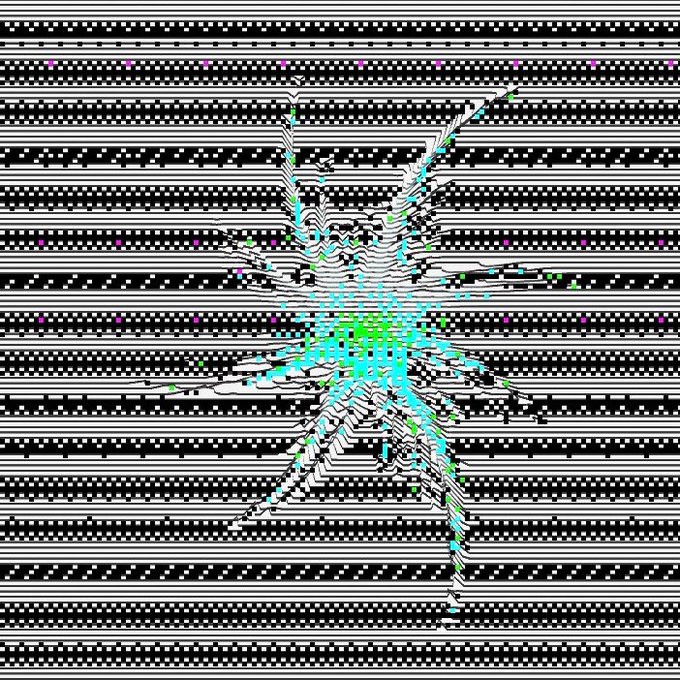 An abstract glitch-art image featuring a distorted, fragmented figure rendered in cyan and green against a background of horizontal black and white scan lines with scattered magenta dots.