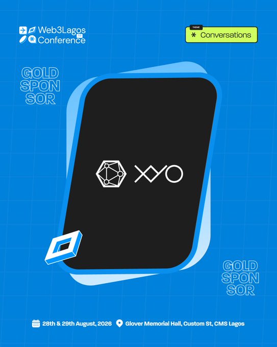A blue promotional poster for the Web3Lagos Conference featuring a Gold Sponsor card for 'Conversations' and event details: 28th & 29th August, 2026 at Glover Memorial Hall, Custom St, CMS Lagos.