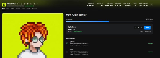 This is a screenshot of the r0bin br0ker NFT minting page, showing the pixel art character and minting details for the "Og brokens" collection. The accompanying post indicates the user has minted some NFTs from their whitelist.