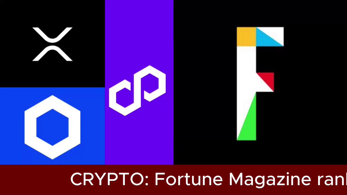 The image features a poster with four different logos representing various cryptocurrencies such as Ripple, Chainlink, Polygon, and Zcash. The text "Crypto.: Fortune Magazine ran" indicates that this is an advertisement for these cryptocurrencies. The poster also includes the names of some of the top 10 cryptocurrency protocols in the year 2021.