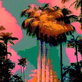 A vibrant, stylized illustration depicts tall palm trees silhouetted against a bright pink sky with teal clouds in a pop-art aesthetic.