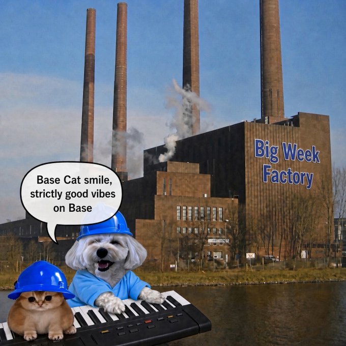 The image shows an adorable dog and cat both wearing blue hard hats, with the dog joyfully playing a keyboard while a speech bubble reads "Base Cat smile, strictly good vibes on Base." They're set against an industrial backdrop featuring smokestacks and a building labeled "Big Week Factory," visually reinforcing the "Base Dog $VIBE" theme of spreading cheerful, good-vibes energy to all crypto community members, including the beloved Base Cat.