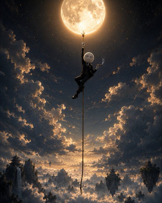 A surreal illustration of a figure with a moon for a head in a suit, smoking a cigarette and hanging from a rope beneath a large glowing moon, with floating islands below.