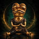 A golden frog figurine sits in a meditative lotus pose with hands clasped together, surrounded by a glowing circular aura. The image visually captures $Peyote's logo as referenced in the post about its Bronze Series NFT charity auction.