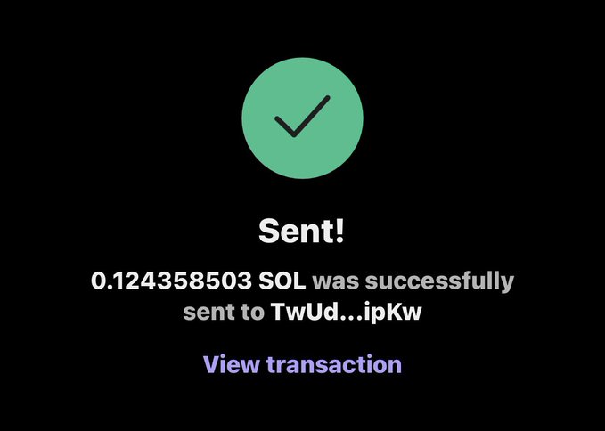 A confirmation screen shows a successful transaction of 0.124358503 SOL sent to wallet address "TwUd...ipKw", which the poster likely shared to demonstrate their crypto giveaway mentioned in the post.